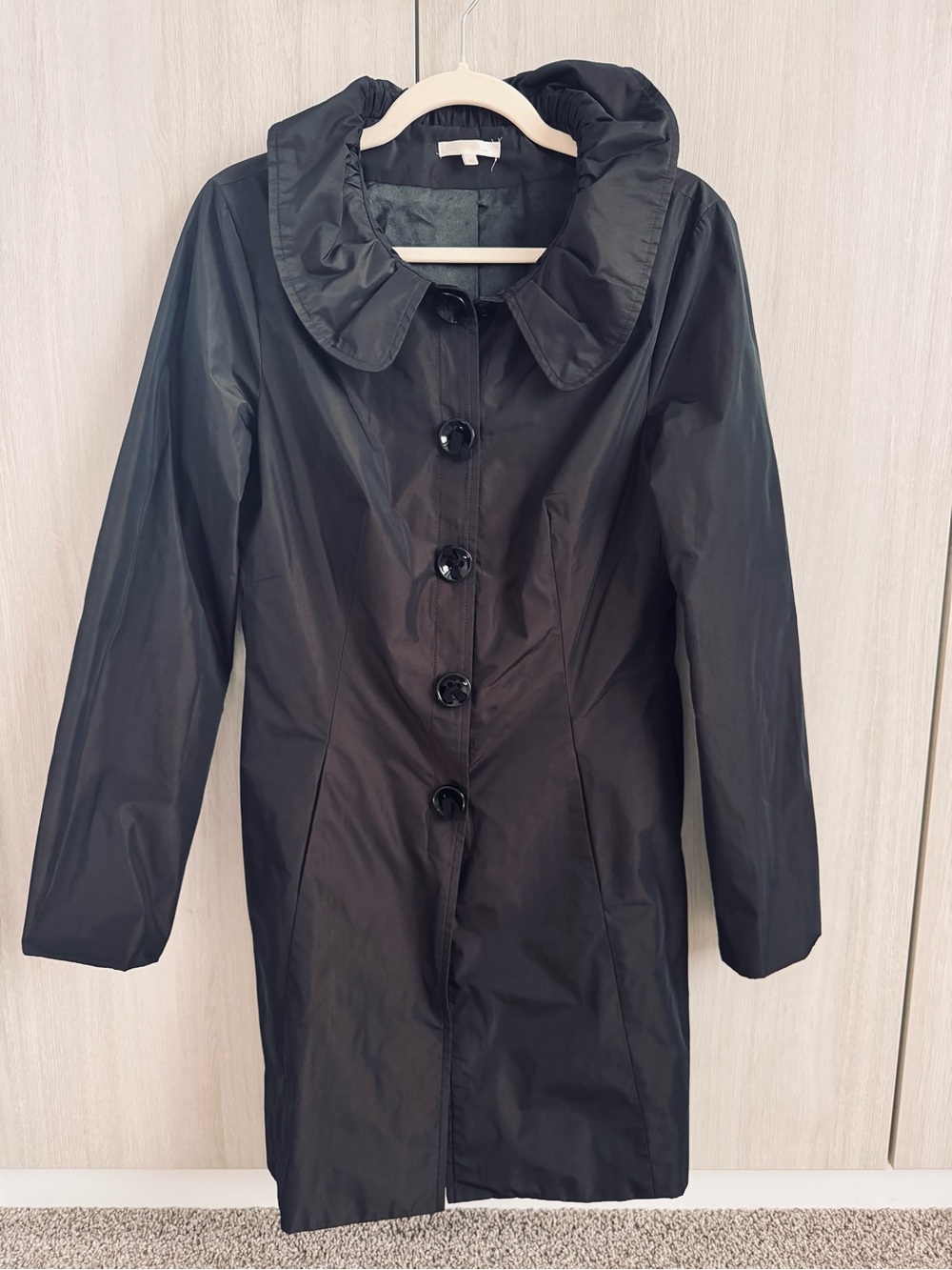 Matty M Black Trench Coat with Ruffled Collar Sz S